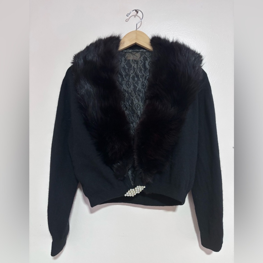 Vintage Black Lambswool Sweater with Angora Rabbit Fur‎ Trim